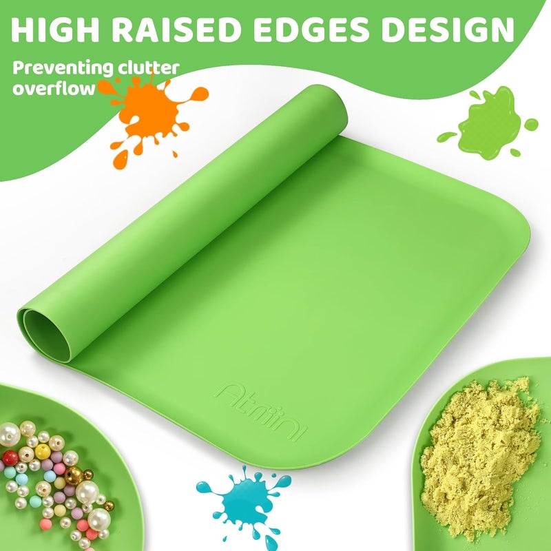 AtMini Store Silicone Craft Mats for Kids 24"x16"– with Raised Lip & Non-Slip | Reusable Silicone Art Mat for Play Sand, Painting, DIY Crafts | Durable Design (Green) - Image 3